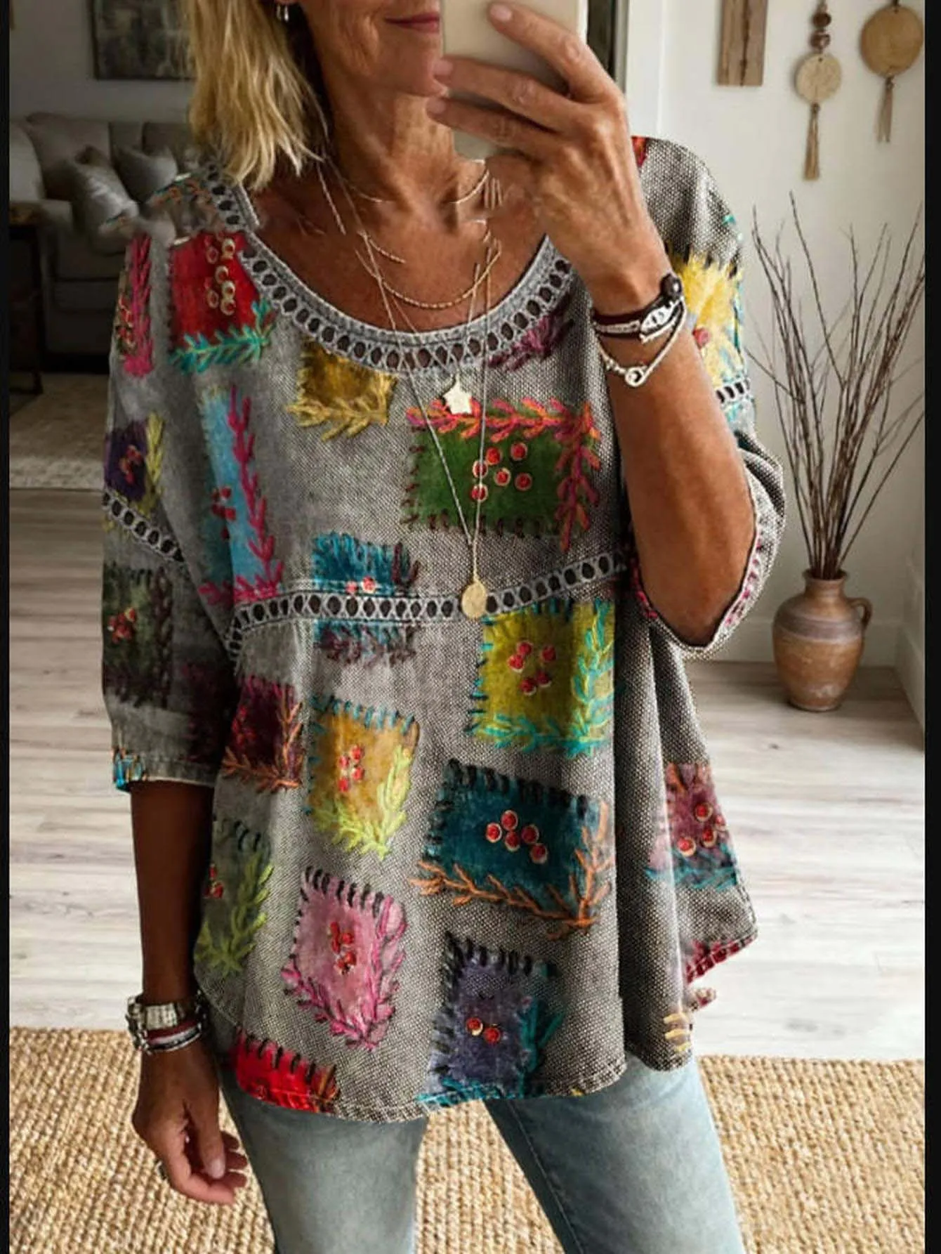 Women Plus Size Blouse 3D Patchwork Print Loose Fit Long Sleeve Casual Boho Tunic Top