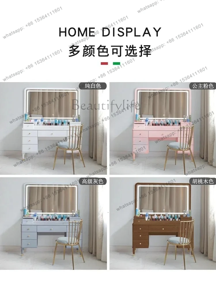 กระจกแต่งหน้าไม้แท้ FG28 ขนาดใหญ่ ดีไซน์หรูหรา ขนาด 1.4-1 เมตร สไตล์โมเดิร์นเรียบง่าย พร้อมที่เก็บของและโคมไฟ สไตล์อินส์