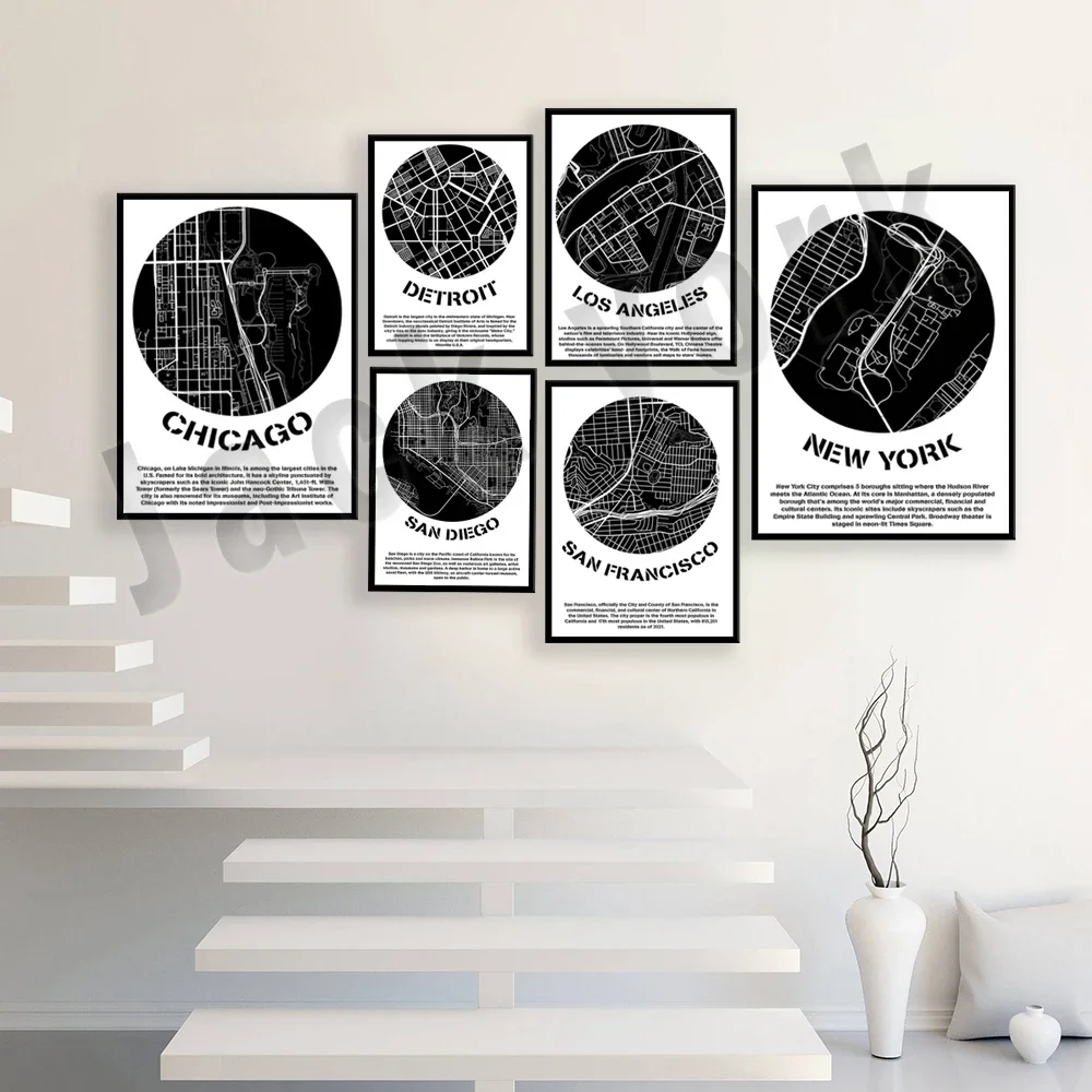 Póster con mapa de ciudades en blanco y negro de San José, Filadelfia, Los Ángeles, Detroit, Boston, Oklahoma, San Diego, Nueva York, Chicago