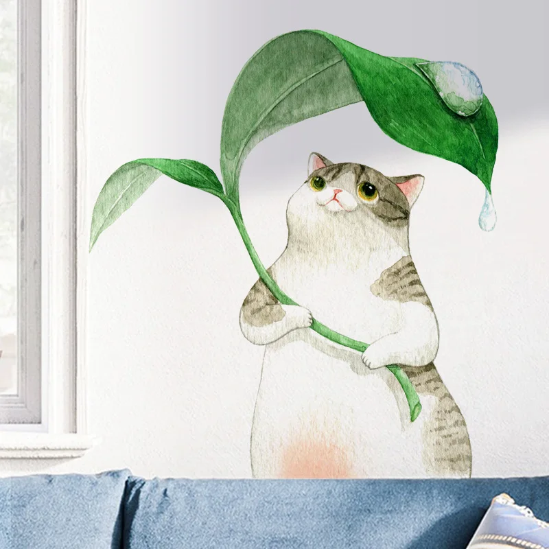 Cute Cat Wall Sticker Cartoon Kitten Taking Shelter Removable Decal for Kids Room Kindergarten Wall Decor