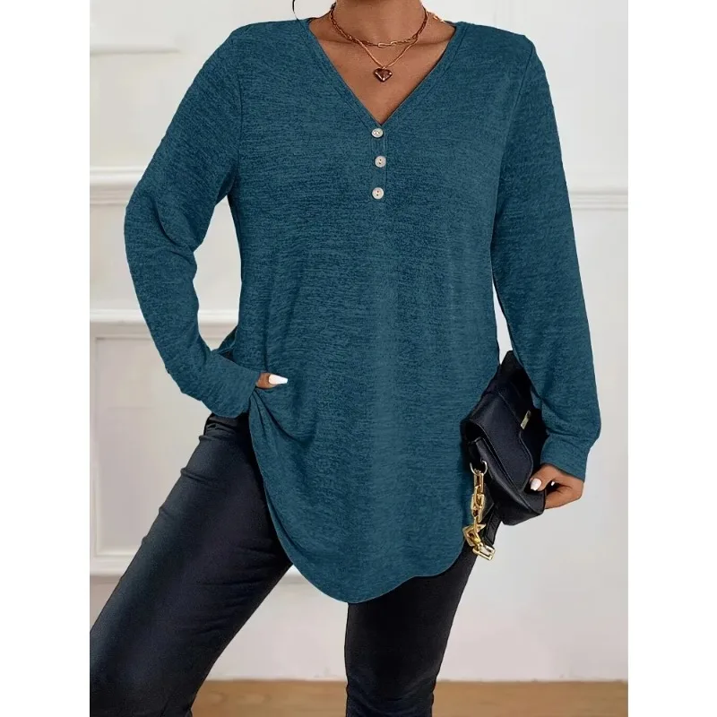 

Plus Size 1XL-5XL Spring Summer Women's Solid Color V-neck Button T-shirt Top Women Fashion and Comfortable T-shirt