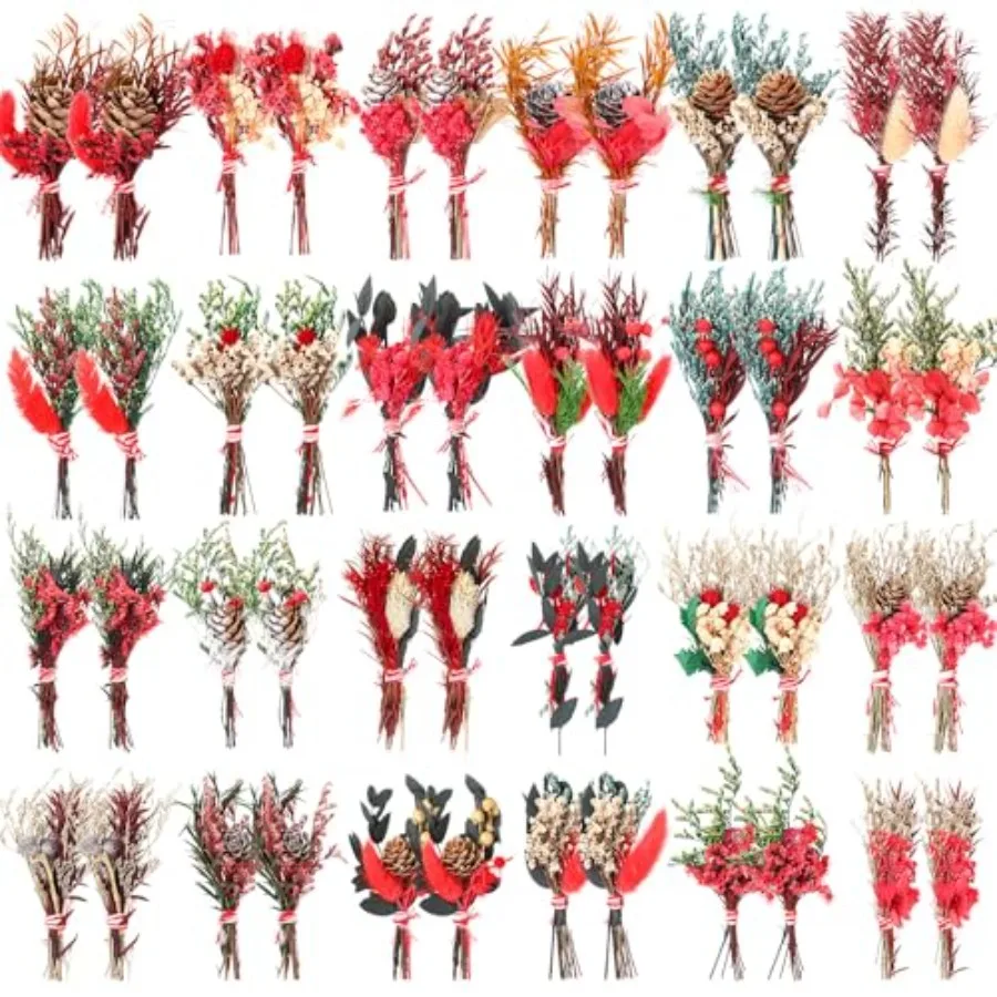 48 حزمة 6 بوصة عيد الميلاد باقات الزهور المجففة السائبة الأحمر الأخضر الزهور المجففة مع التوت الجذعي لزهرية DIY إكليل الحرف عيد الميلاد H