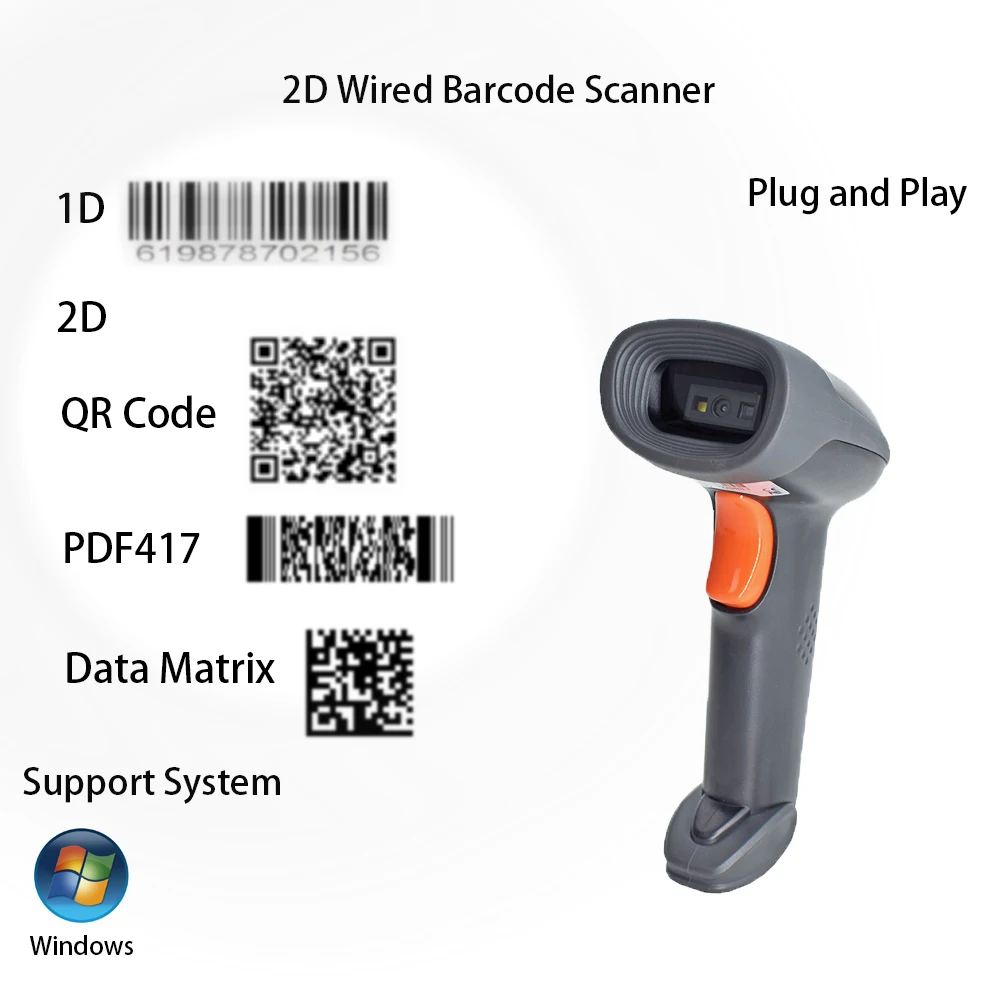 2D Barcode Scanner Wireless Bluetooth Portable Handheld 1D/2D QR Code Reader Quick Identify Bar code CMOS for Retail Warehouse