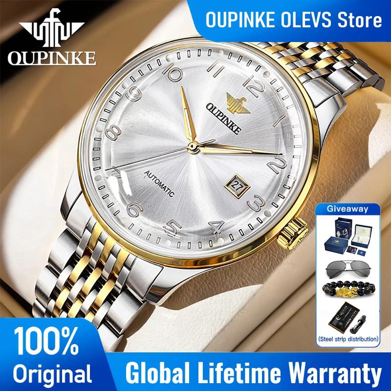 

Мужские часы OUPINKE, роскошные деловые автоматические механические наручные часы, водонепроницаемые до 50 м, светящиеся, с датой и днями недели, для мужчин, Reloj 3319