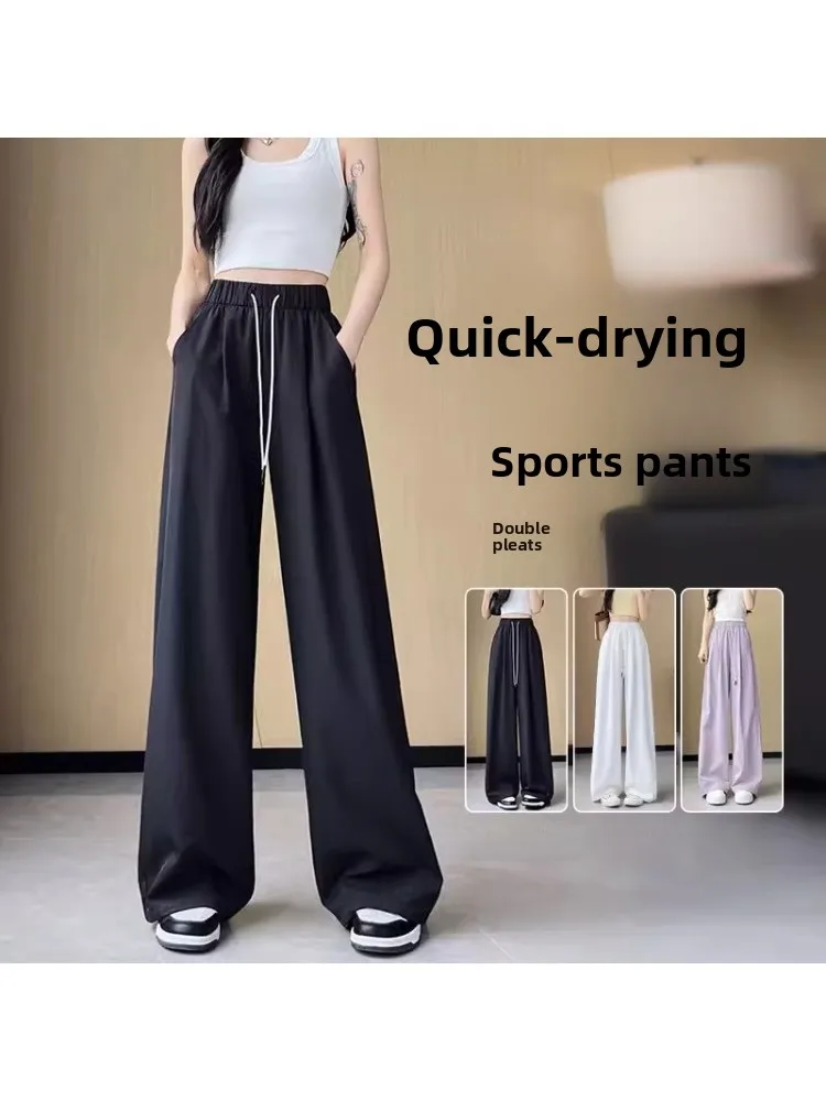 

Bla Ice Silk Wide Leg Pants Women plus Size Summer Thin Spor Casual Loose Straight Cut Qui Dry Polyester Fiber Trousers