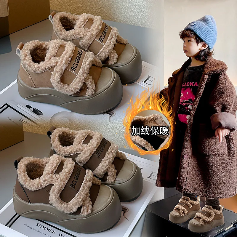 

Children's Cotton Shoes 2024 Autumn and Winter New Item, Boys and Girls with Plush Splicing Lamb Wool Fashionable Flat Shoes