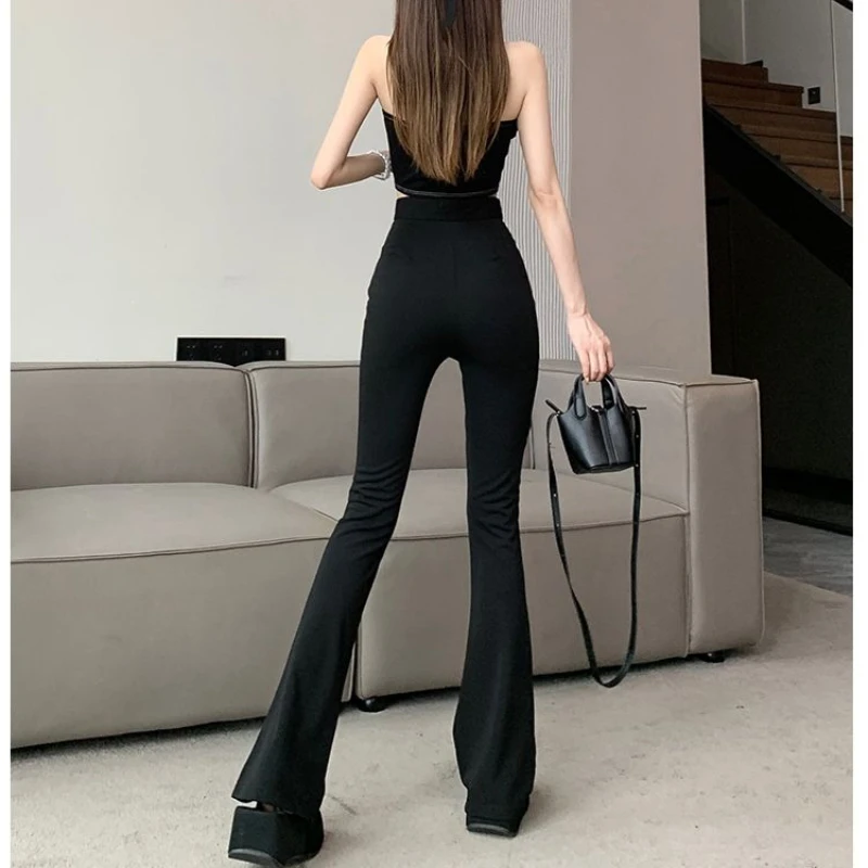 Hotsweet Flare Pants Women Summer Thin Sexy Mesh Spliced Black Slim High Waist Solid Hollow Out Pants