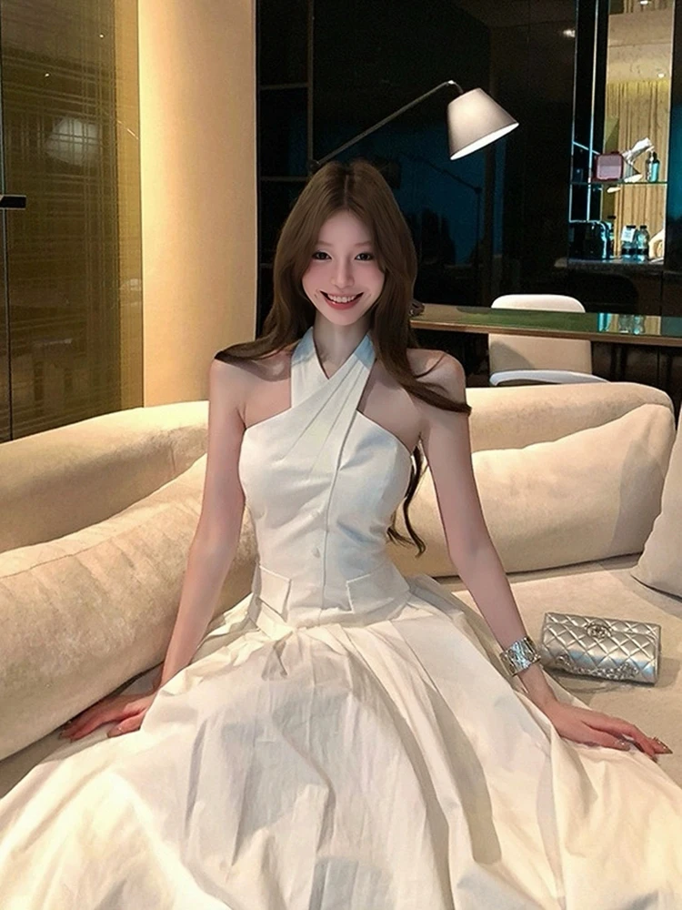 RORIRI الصلبة عبر فستان الرسن المرأة Strappy خارج الكتف مفتوحة الظهر Shiring ألف خط فستان طويل ملابس الصيف الكورية