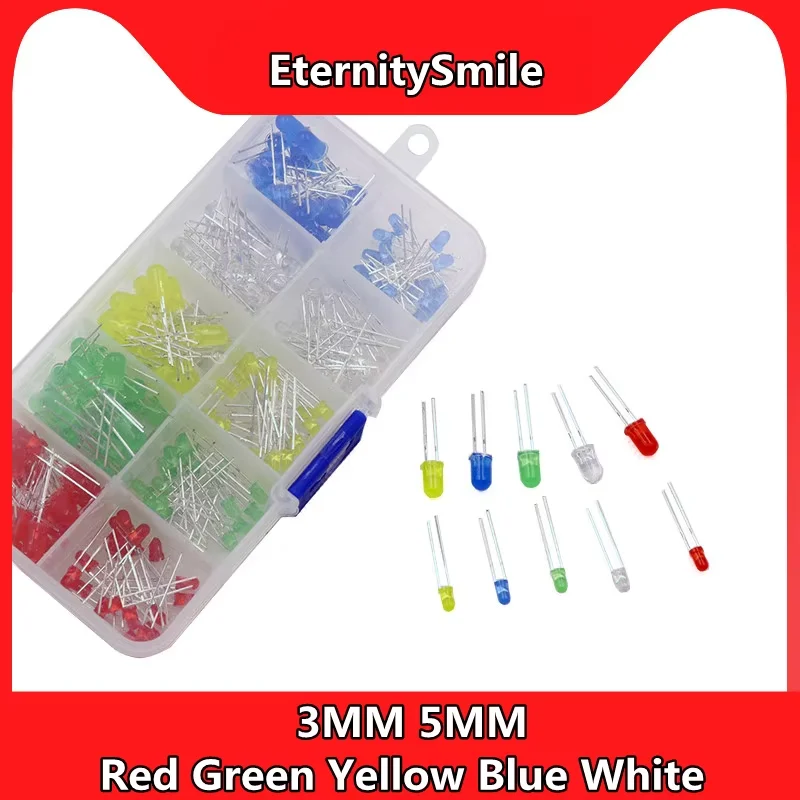 200PCS/Lot 3MM 5MM Led Kit With Box Mixed 5 Color Red Green Yellow Blue White Light Emitting Diode Assortment 20PCS Each