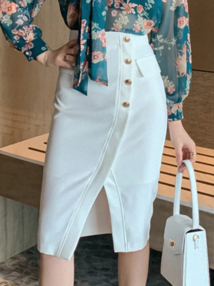 Women's Elegant Fashion White Skirt for Woman Professional Korean Single Breasted Slit Slim Skirts Female Business Work Clothes