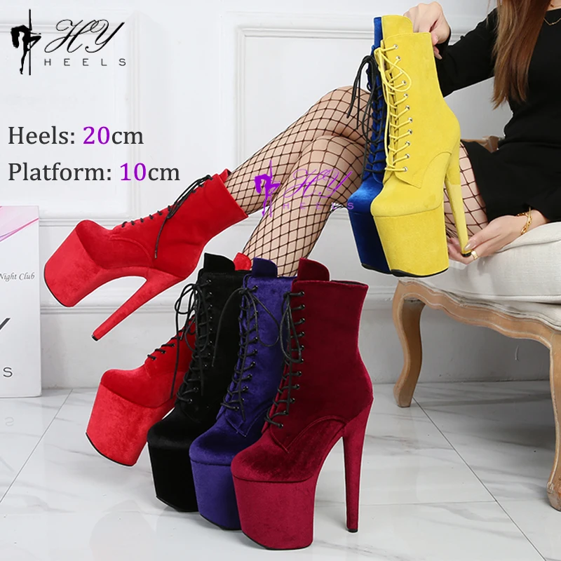 

20cm Velvet Pole Dancer Shoes Sexy Party Knight High Heels Stripper Platform Autumn Winter Shoes 20cm Black Lace-up