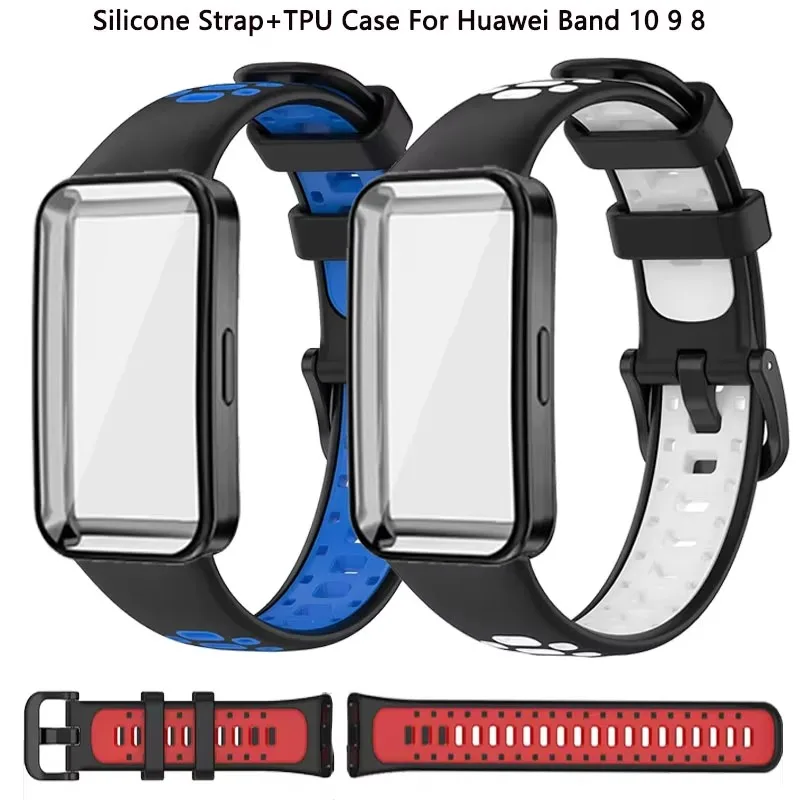 

Silicone Watch strap+TPU Case For Huawei Band10 9 8 Sports watch strap Replace Two-Color strap Screen Protective Cover Accessory