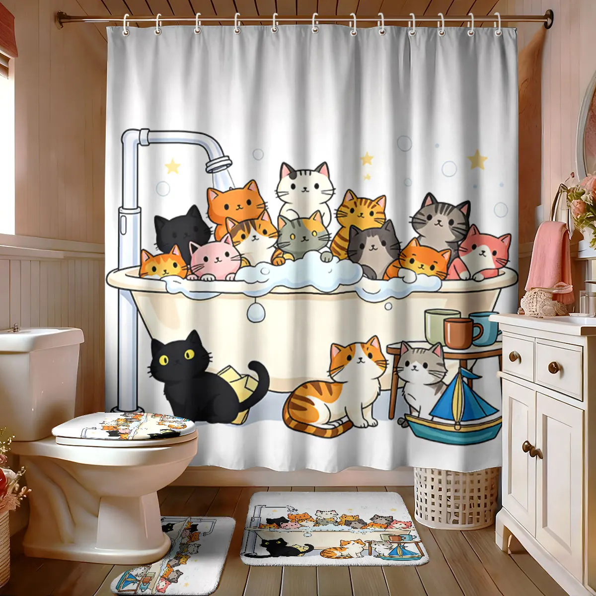 

4-piece Set of Cute Kitten Printed Bathroom Waterproof Shower Curtain Toilet Seat Cushion U-shaped Floor Mat