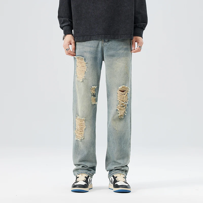 

2024 summer American high street broken hole jeans tide cleanfit Slim casual trousers versatile retro nostalgia straight trouser