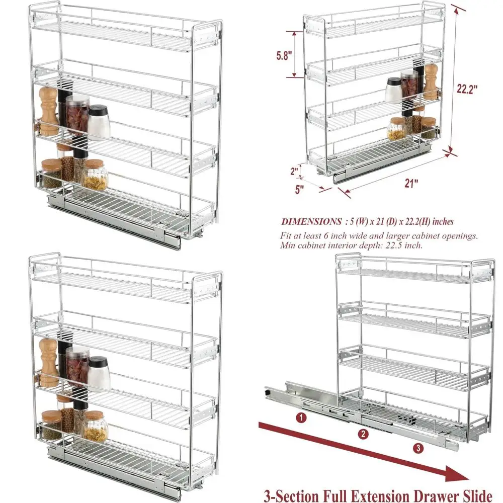 

Pull-Out Kitchen Cabinet Spice Rack, 5 Wide x 21 Deep, Sliding Storage Baskets for Narrow Spaces
