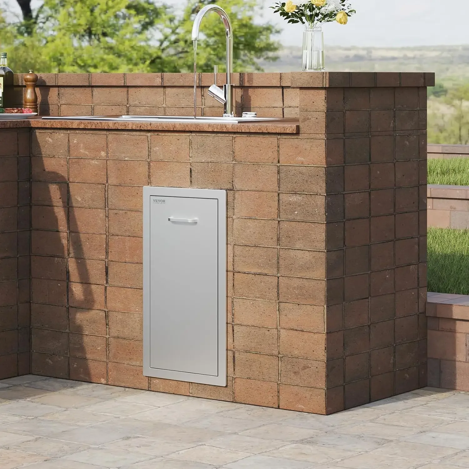 Trash Drawer 13.4"W x 25.7"H x 19.6"D Lower Sliding Rails Stainless Steel Roll Out Trash Bin Pull Out Tray Outdoor Kitchen Trash