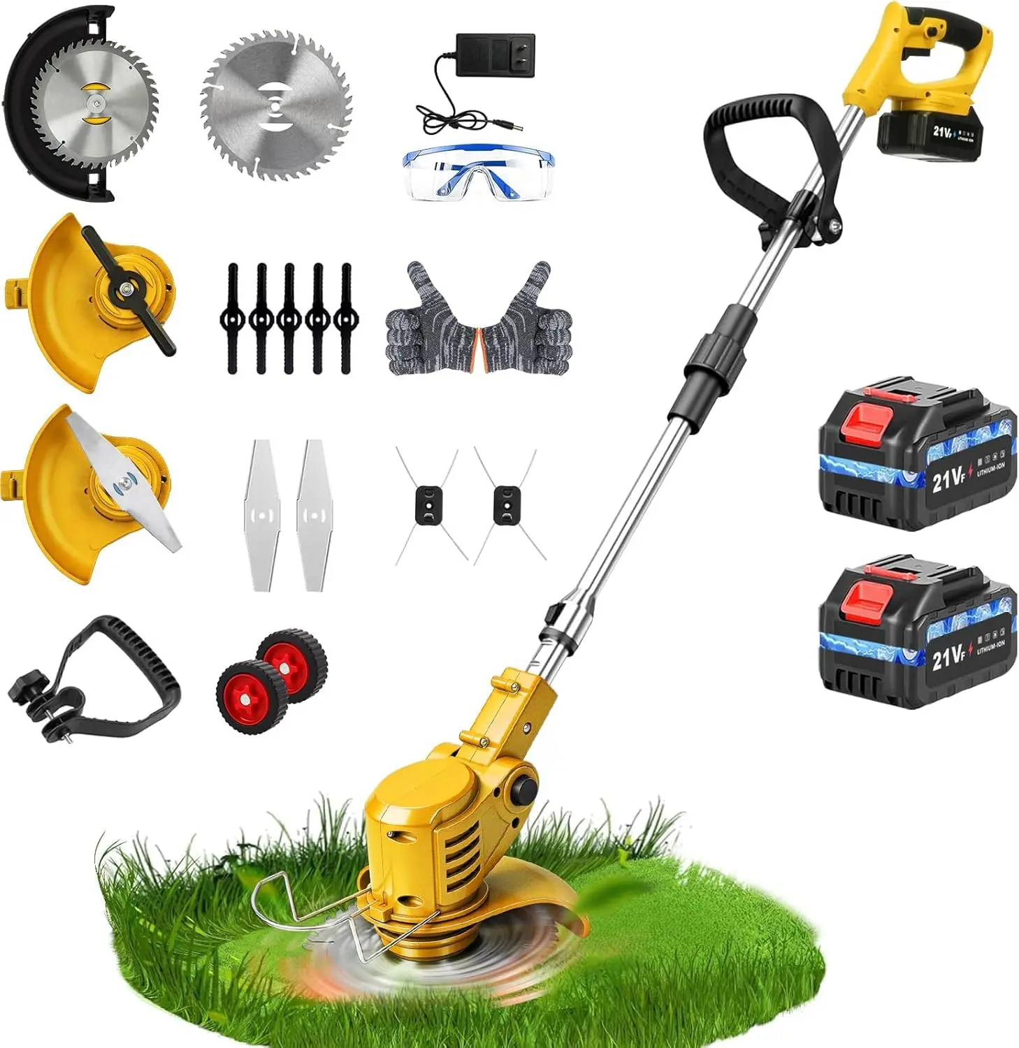 Cordless Weed Wacker with Wheels, 15000RPM 4-in-1 Battery Powered String Trimmer/Edger/Brush Cutter/Lawn Mower, 2