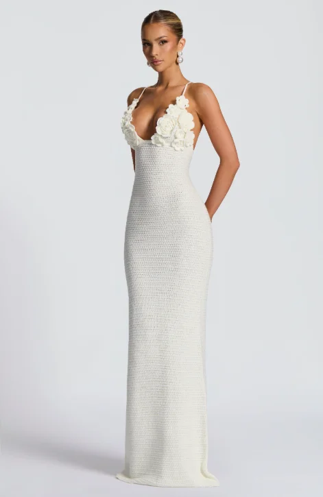 Abito lungo con scollo all'americana lavorato a fiori 3D Abito lungo da donna chic senza maniche senza schienale in vita che cince abiti da strada per le vacanze da donna