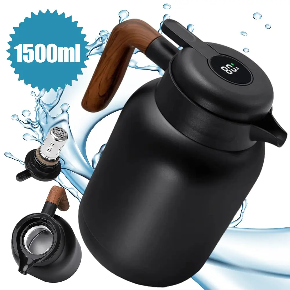 Thermos intelligent de 1500 ml avec affichage de la température, en acier inoxydable à double paroi, poignée effet bois, grande capacité, pour la maison, le bureau et les activités de plein air, pour le stockage de boissons