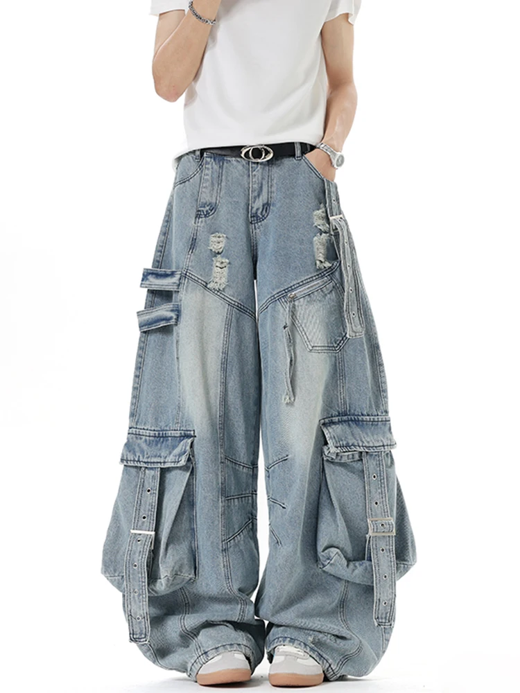

American Sle Heavy Du Multi ket Functional Workwear Jeans Men's Cleanfit Premium Straight Leg Wide Leg Knife Pants