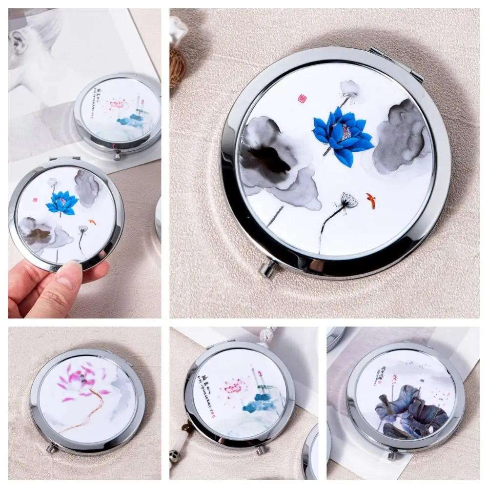 Chinese Ancient Style Compact Mirror Makeup Mirror Metal Flower Portable Mirror Double-sided Folding Vanity Mirror Students