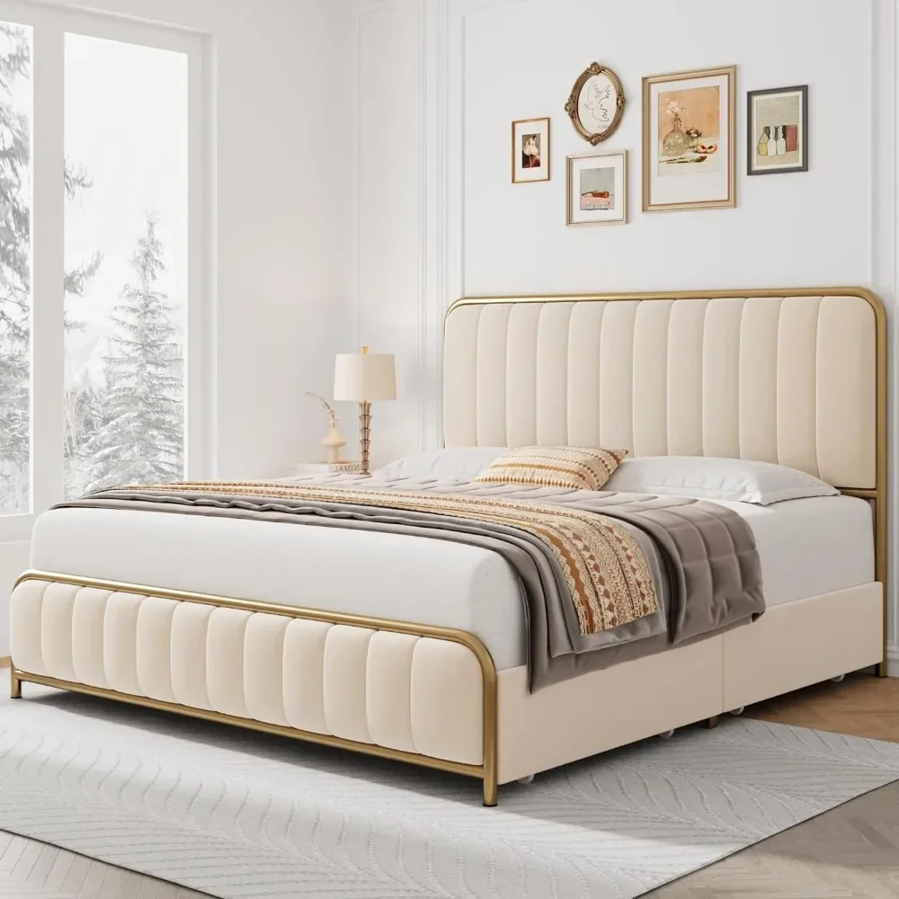 Upholstered Queen Bed Frame with 4 Storage Drawers and Headboard, No Box-Spring Required (Gold/Off-White)