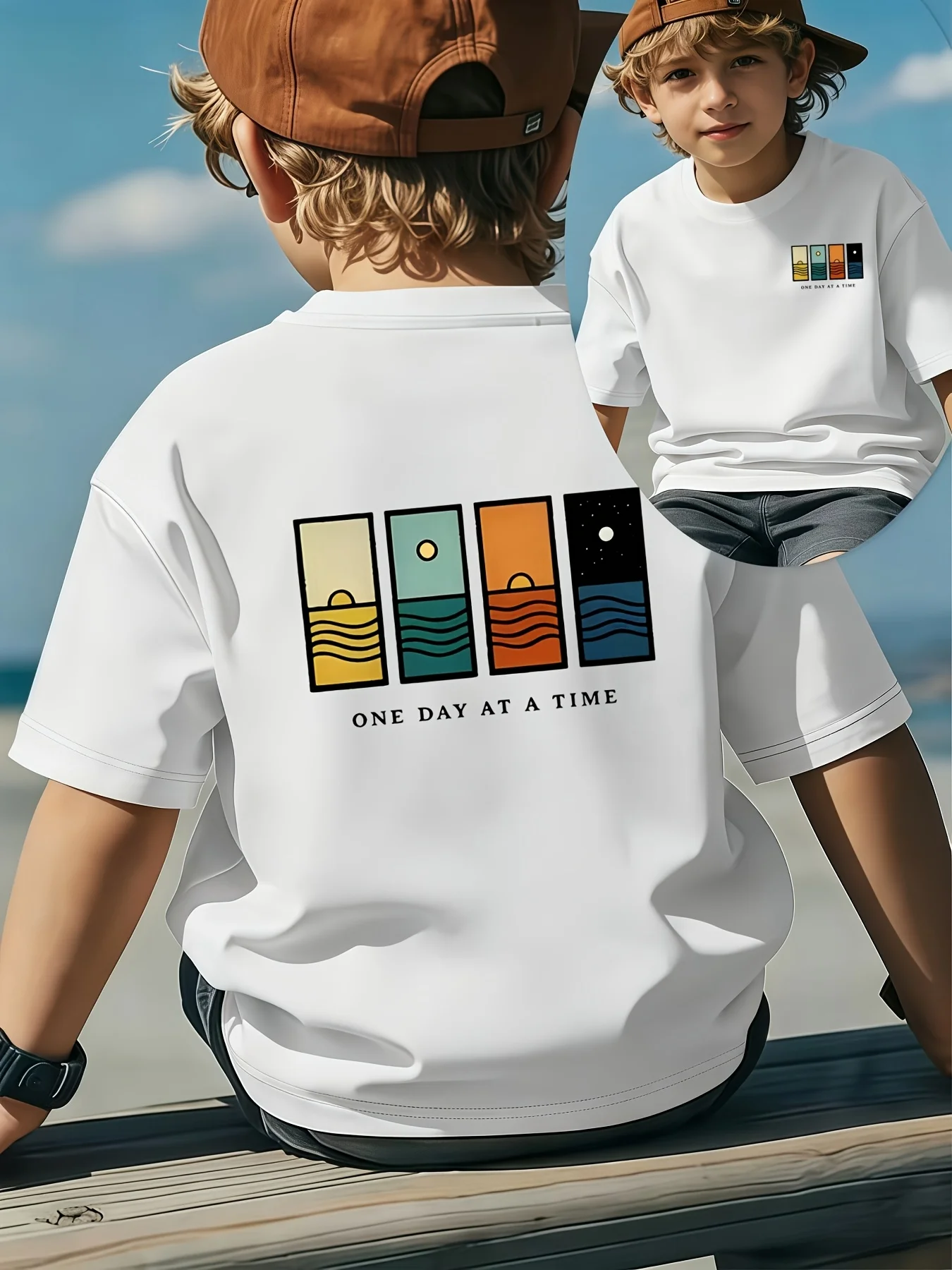 Retro Ocean Sunset Landscape Slogan Print Family Matching T Shirt Boys Girls Soft Summer Short Sleeve Daily Casual Tees
