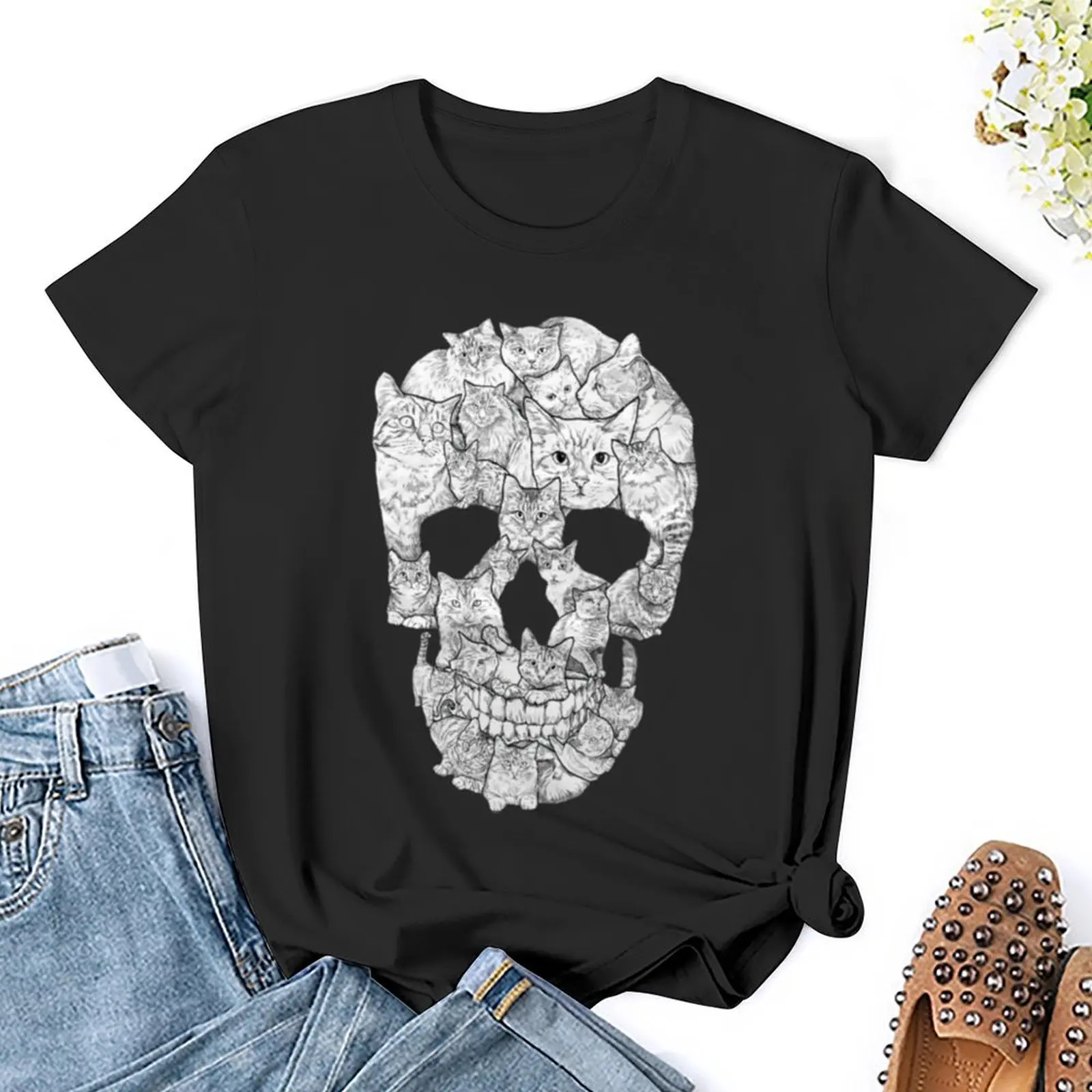 Cat Skull Kitty Skeleton  Costume Tarot Premium T Shirt Graphic Shirt Casual Short Sleeved Female Tee T-Shirt Size S-4XL