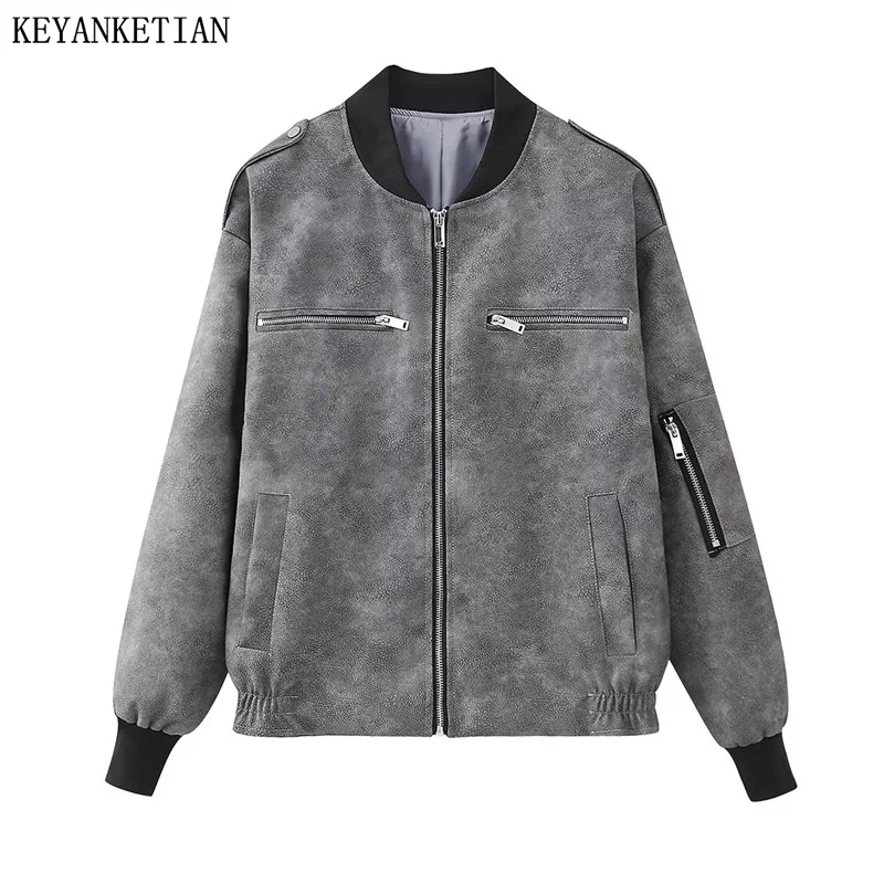 

KEYANKETIAN Autumn/Winter New Women's Artificial Leather Short Casual Leather Jacket Fashion Zip-up Loose Grey Jaqueta Feminina