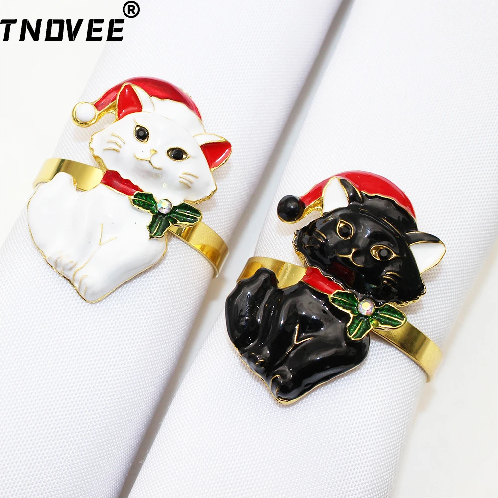 6Pcs Christmas Cat Napkin Ring Crystal Cat with Xmas Hat Napkin Holder Ring for Christmas Wedding Party Dinner Table Decor