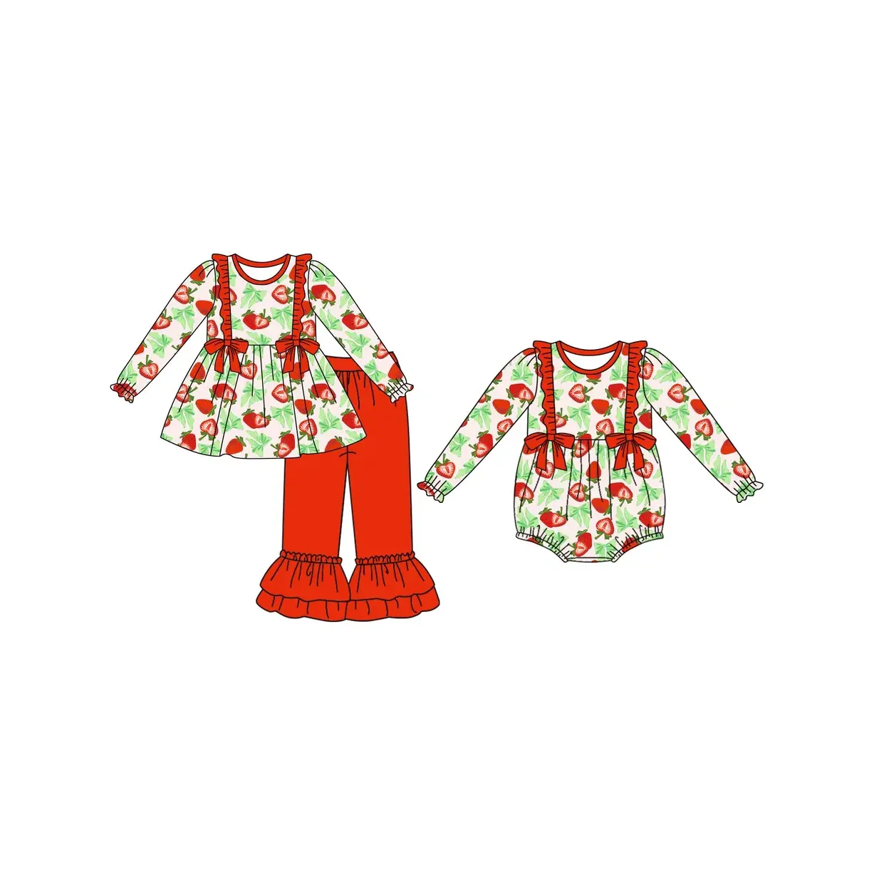 Girls Strawberry Long Sleeve Outfit Set Red Ruffles Pants With Bow Baby Romper Cute Fashionable Children's Clothing