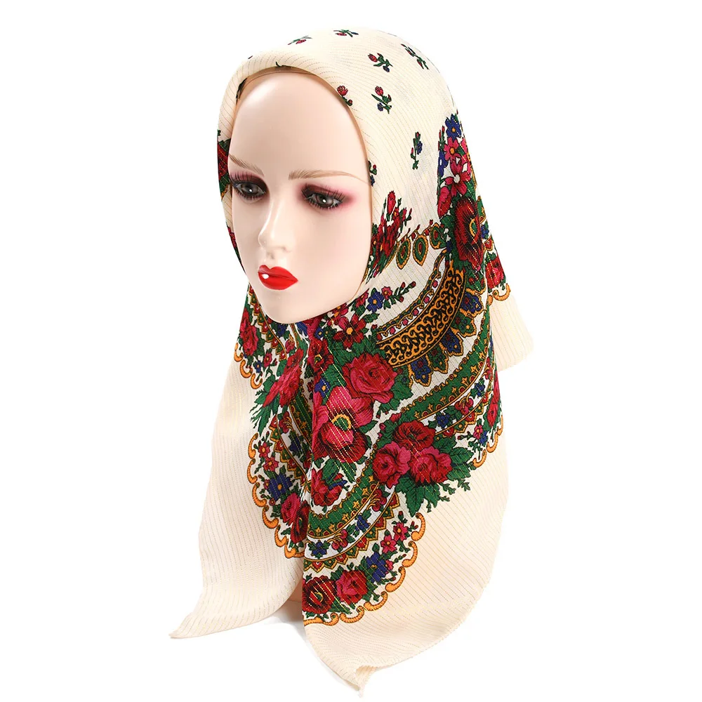 85*85cm Retro Floral Print Square Hijab Head Scarf Women Golden Thread Headband Scarves Female Bandana Hair Wraps