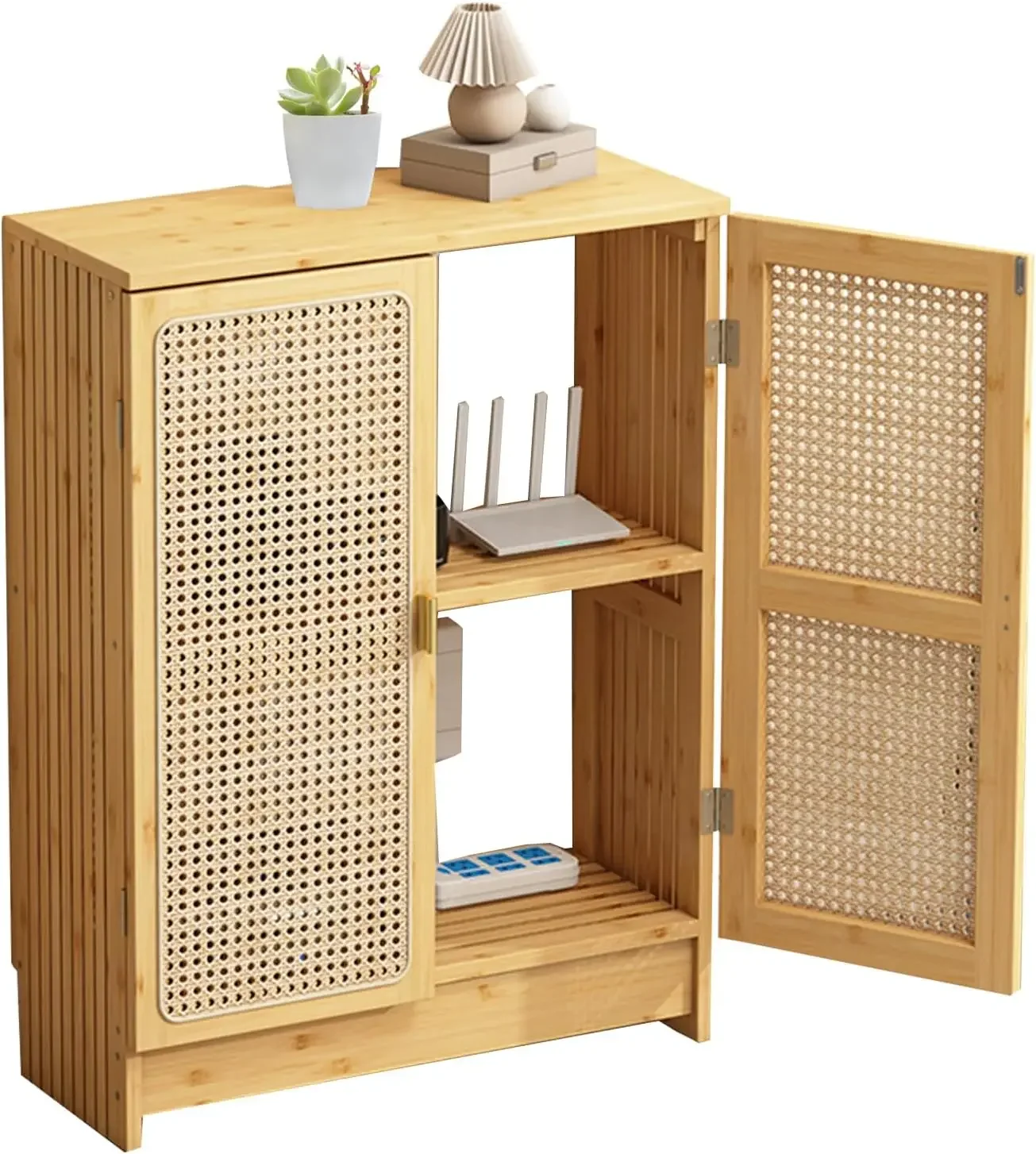 WiFi Router Storage Cabinet with Adjustable Shelves, No Back Panel | 2-Tier Bamboo Rattan Standing Modem Organizer Box for Home,