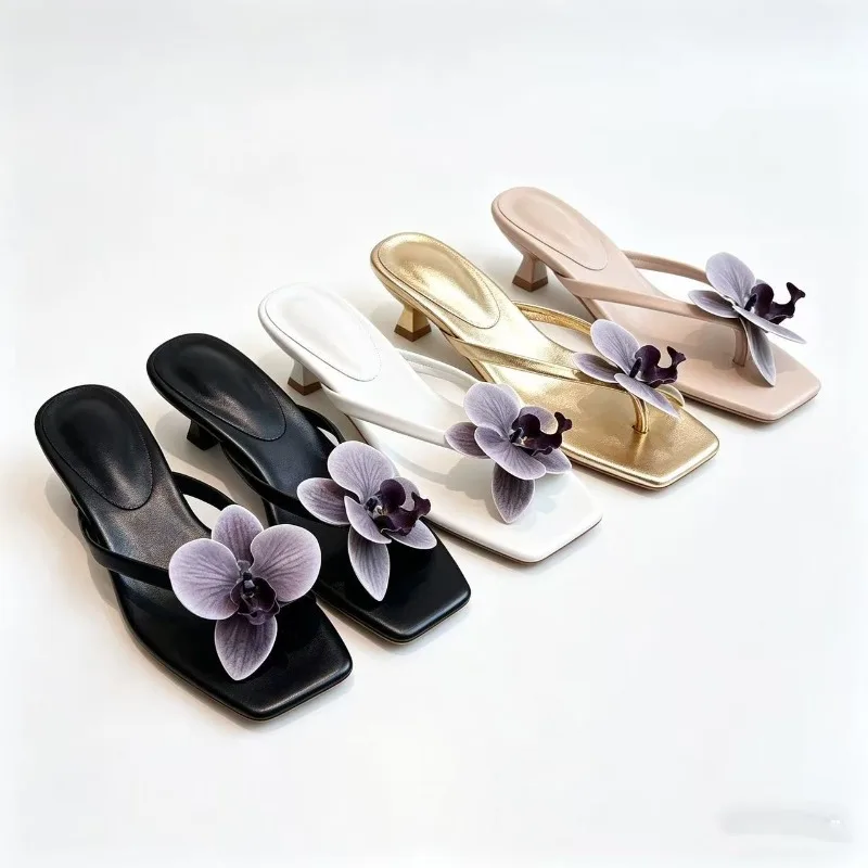 

Flower Decor Kitten Heel Flip Flops Women Fashion Square Clip Toe Dress Slippers Summer Ladies Casual Beach Slide Shoes