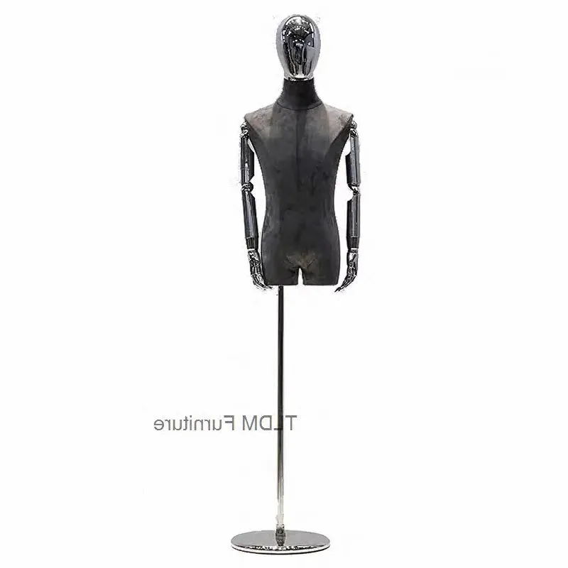 

Male Half-length Manikin Torso with Silver Head Korean High-end Clothing Store Velvet Mannequin with Metal Base Display Model W