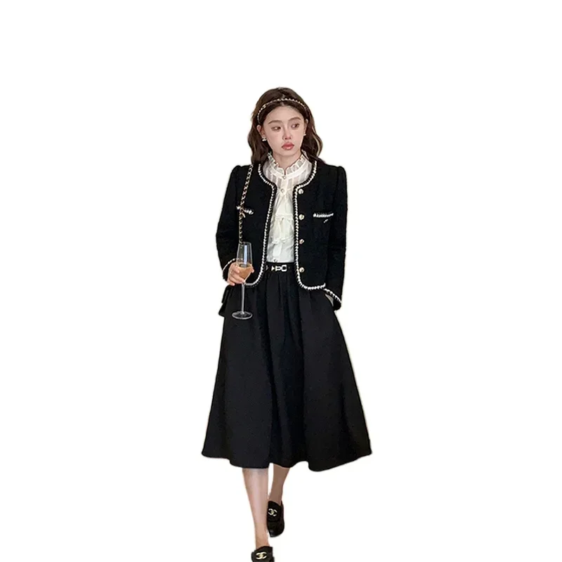 Casual Short Jackets Outerwear Tops  Vintage  Women Black Tweed Cropped Coat Korean Elegant Thicken Single Breasted Blazer