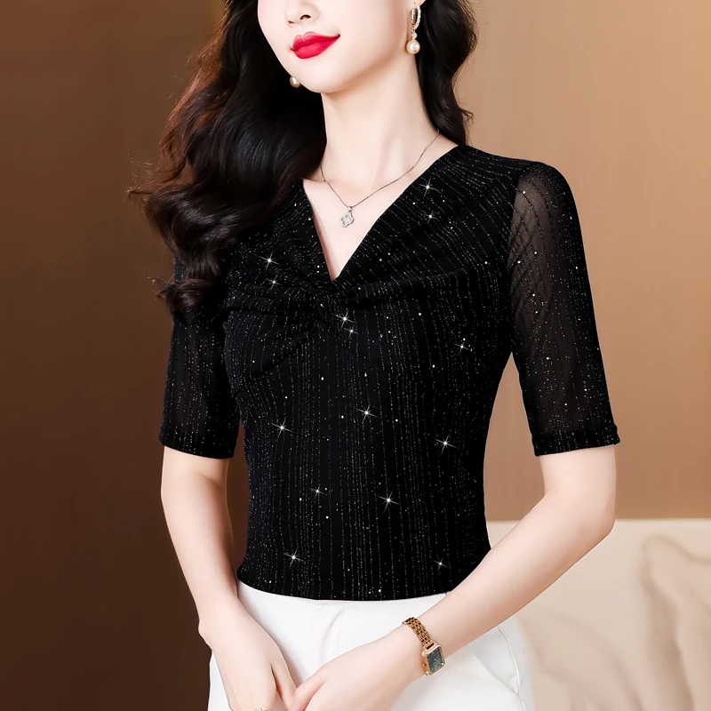 Korean Fashion Women T Shirt V-neck Shiny Pleated Mesh Tops Bright Silk Short Sleeve Casual Shirt