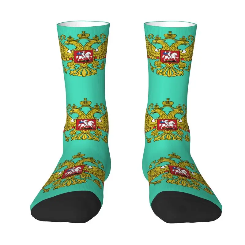 Custom Coat Of Arms Of Russia Mens Crew Socks Unisex Kawaii Russian Flag Spring Summer Autumn Winter Dress Socks