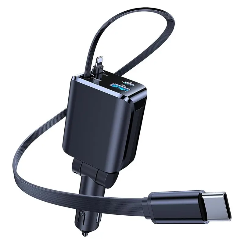 

Круглосуточная доставка. Автомобильное зарядное устройство 4-в-1 с быстрой зарядкой 69W, USB-C, 2 встроенными кабелями и двумя портами.