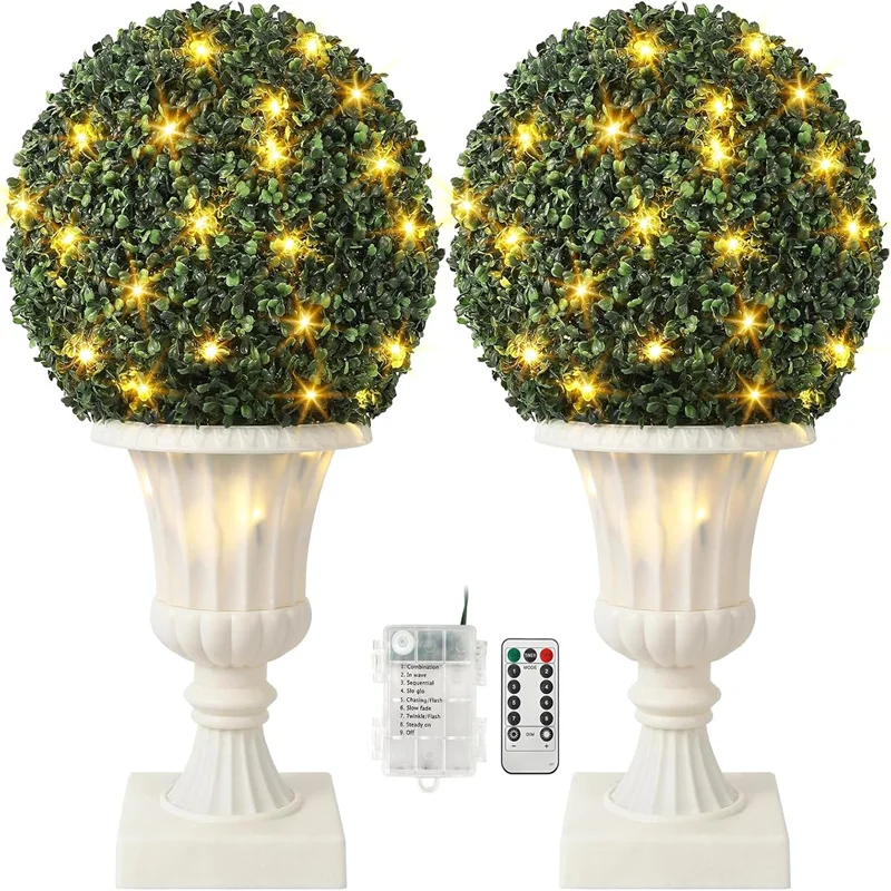 1 PC 16” Artificial Plant Topiary Ball, Pre-Lit Artificial Topiary Plant with Light, Timer、Remote Control  Porch with Urn Base