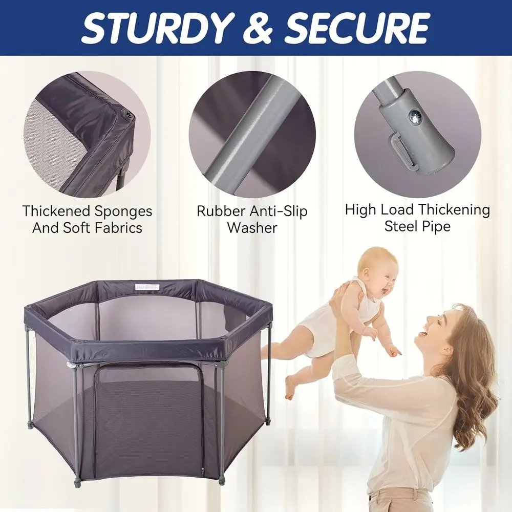 ساحة لعب محمولة مقاس 53 × 53 - روضة أطفال داخلية/خارجية مع جدران شبكية، مساحة آمنة قابلة للطي للسفر والاستخدام المنزلي (رمادي)