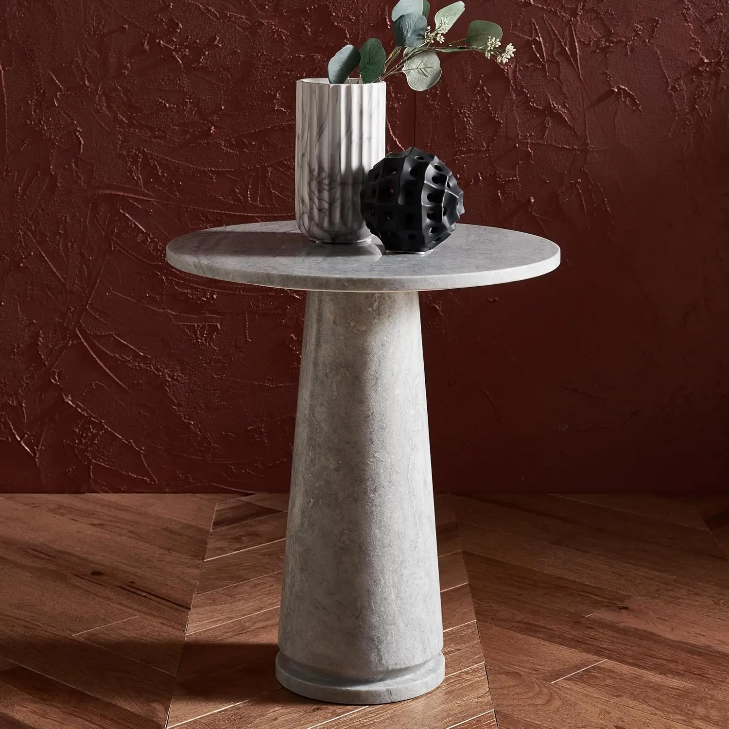 Marble Accent Table Light Grey Glam Stone Pedestal Design Living Room Entryway Dining Room 20.5x20.5x23.5