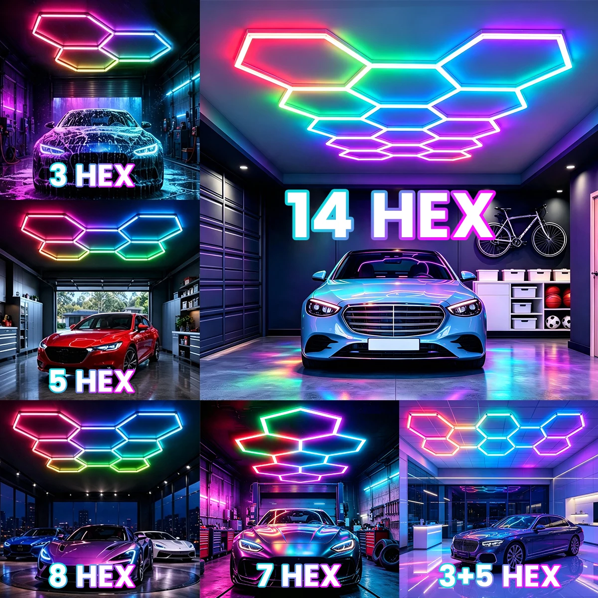RGB Hexagon LED Garage Lights, Music Sync, App & Remote, DIY 3/5/8/14 Hex | 358 Color Modes, Music Sync, App & Remote Control, DIY Modular Hex Lights for Garage, Gaming Room, Gym & Home