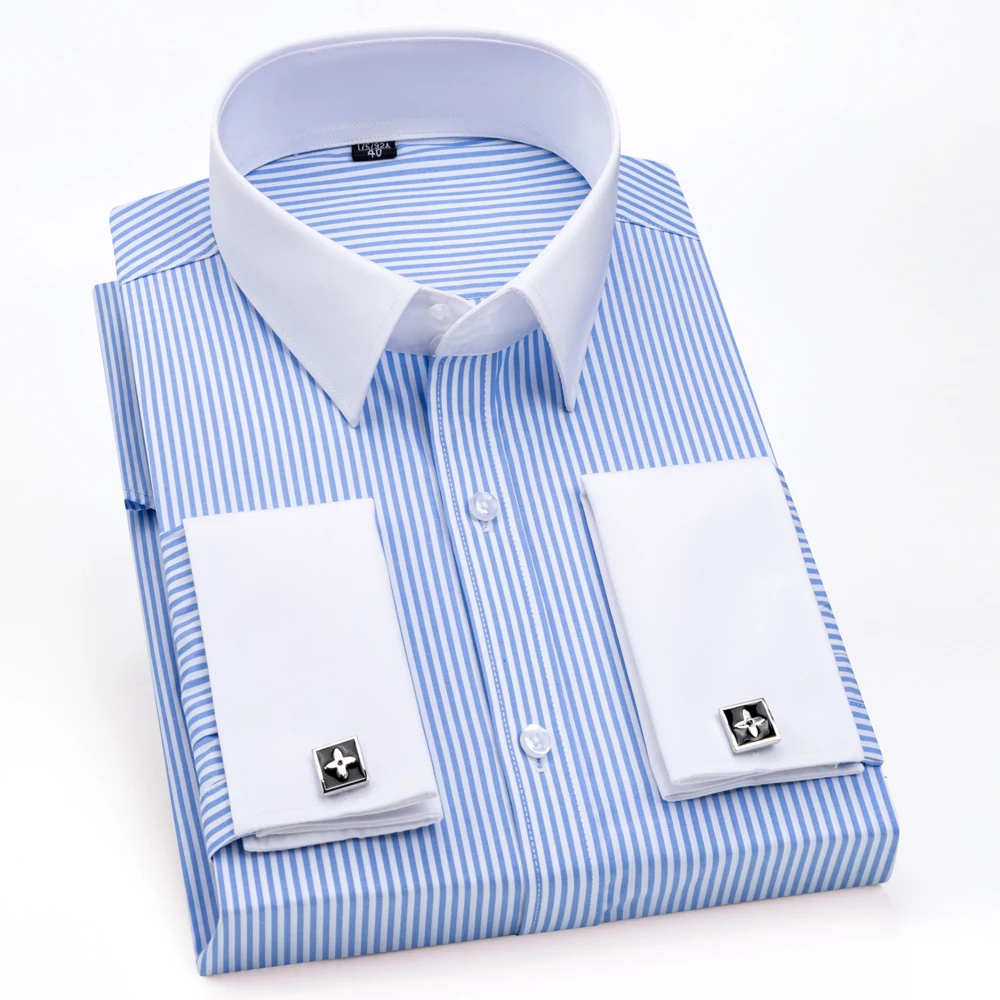 Men's Spread Collar French Cuff Striped Dress Shirt with Contrast Collar, Business Long Sleeve Shirt Free Random Metal Cufflinks