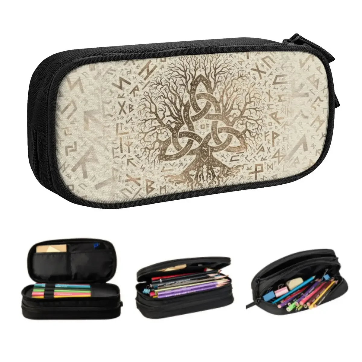 Tree Of Life With Triquetra And Futhark Custom Kawaii Pencil Cases Large Capacity Vikings Pencil Box Students Stationery