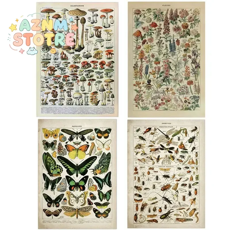 Vintage Adolphe Millot Encyclopedia Canvas Painting Butterfly Flowers Insect Posters and Prints Wall Art Pictures for Home De