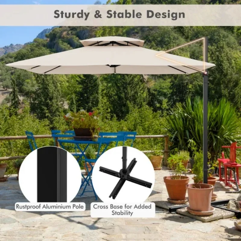 9.5 FT Outdoor Square Offset Patio Umbrella with 360° Rotation Heavy Duty Double Top Cantilever Hanging Umbrella for Outdoor Relaxation
