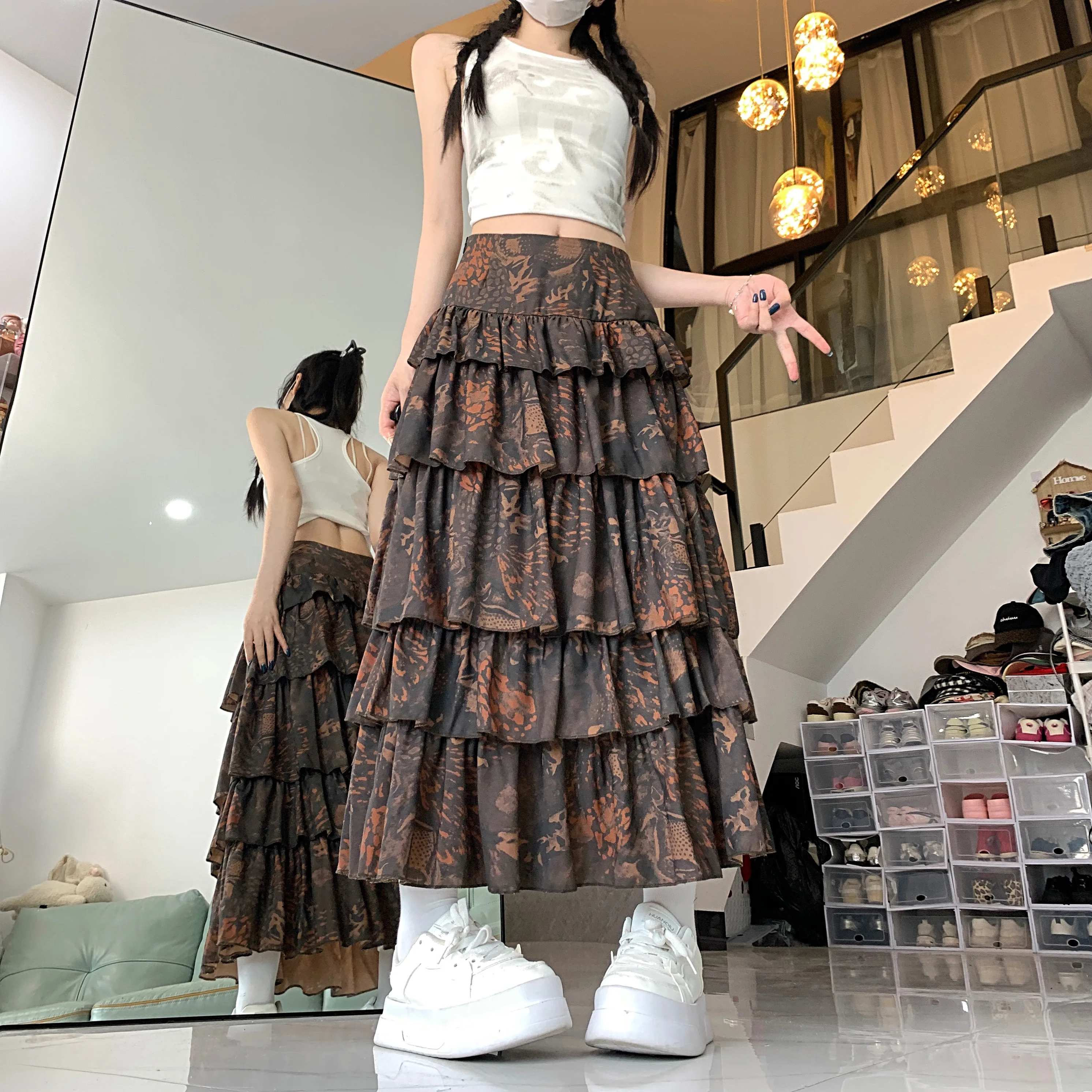 Midi Long Skirts Womens Ball Gown Skirt 2025 Goth Vintage Sring Summer High Waist High Low Ruched Ruffle Pleated Skirts rok