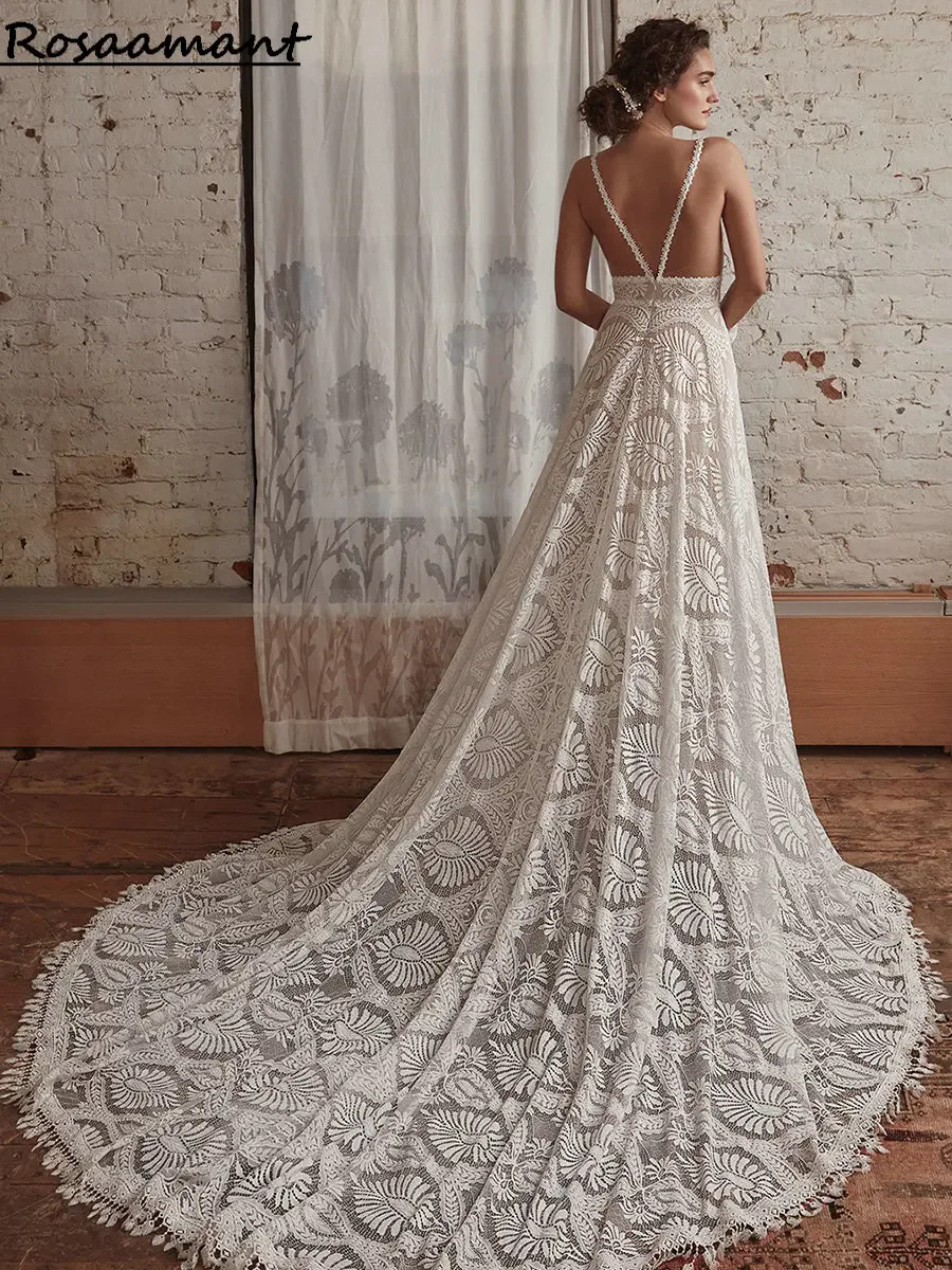 Bohemian Lace Appliques Detachable Sleeve A-Line Wedding Dresses V-Neck Open Back Bridal Gowns robe de mariée