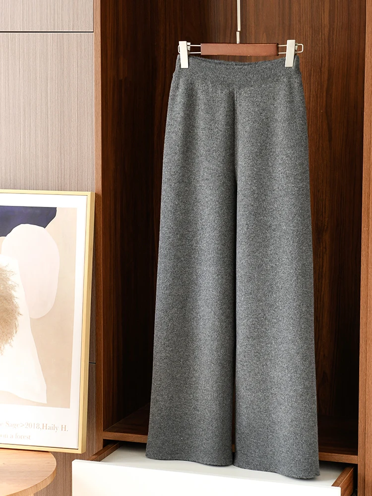 TLOML Women‘s 100% Merino Wool Knitted Wide Leg Pants Autumn Winter Soft Warm Cashmere Trousers Office Lady Simple Thick Pants